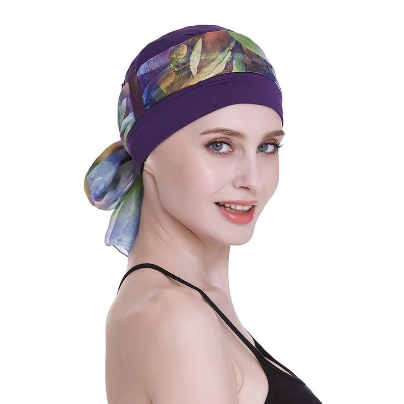 FocusCare Sleep Caps for Chemo Women Alopecia Hair Loss Hats Scalp Bonnets Cancer Headwear Purple - Image 1